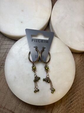 225 Pilgrim Antique Gold Hoop Earrings with Olive Bead Drops